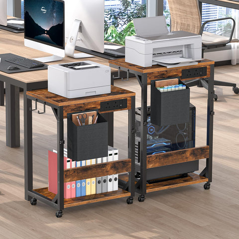 HOOBRO Computer Tower Stand, Printer Stand with Charging Station on Wheels, Height Adjustable PC Stand with 2 Hooks and 1 Fabric Pocket