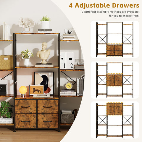VERMESS 142W x142H cmTriple Book Shelf, 4 Tier Industrial Bookshelf for Home & Office, Large Shelving Unit with 4 Adjustable Fabric Drawers
