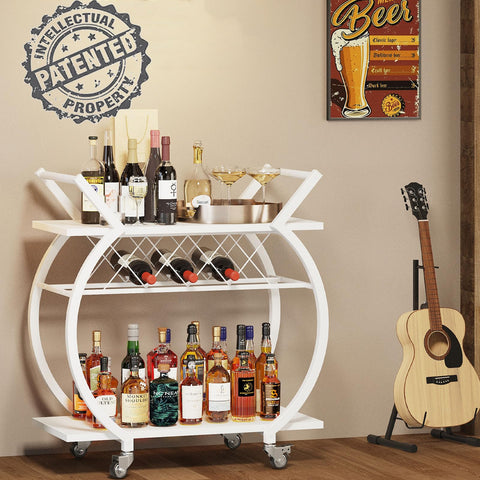 LVB White Drinks Trolley, 2 Tier Rolling Bar Cart, Modern Serving Trolley on Lockable Wheels, Wine Cart with Storage Shelves, Wine Holders