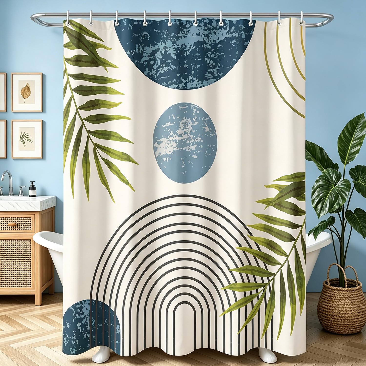 Lerores Shower Curtain, 240 x 200 cm, Blue Leaves Line, Weighted Hem, Anti-Mould Textile, Water-Repellent