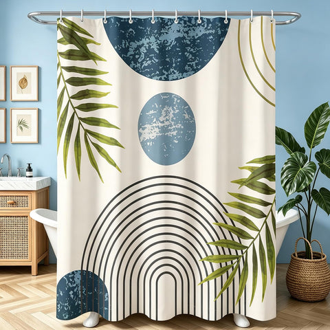 Lerores Shower Curtain, 240 x 200 cm, Blue Leaves Line, Weighted Hem, Anti-Mould Textile, Water-Repellent