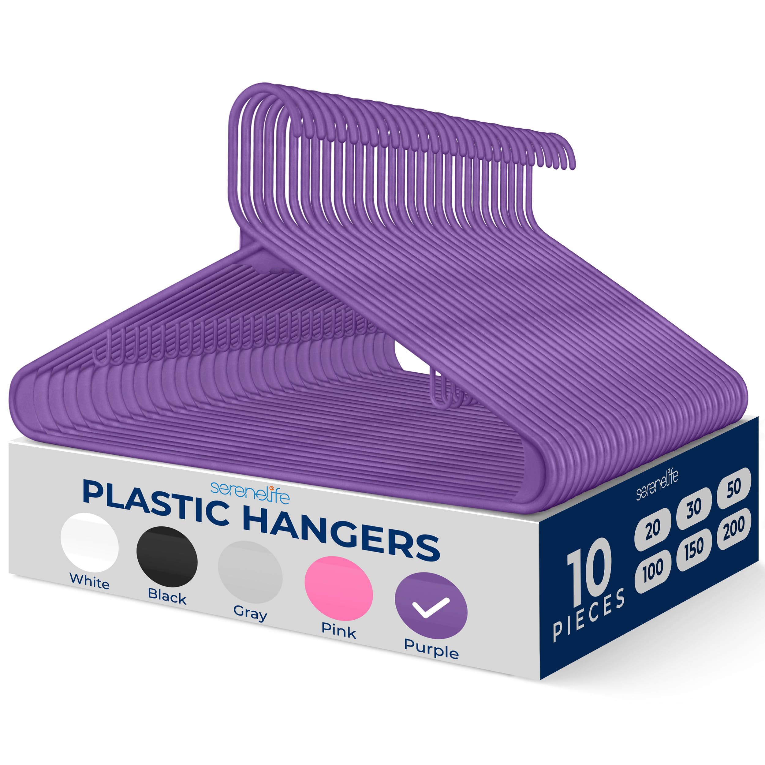 SereneLife Plastic Hangers 10 pcs, Non-Slip Heavy Duty Clothes Hanger Set, Smooth Finish to Protect Fabric, Lightweight