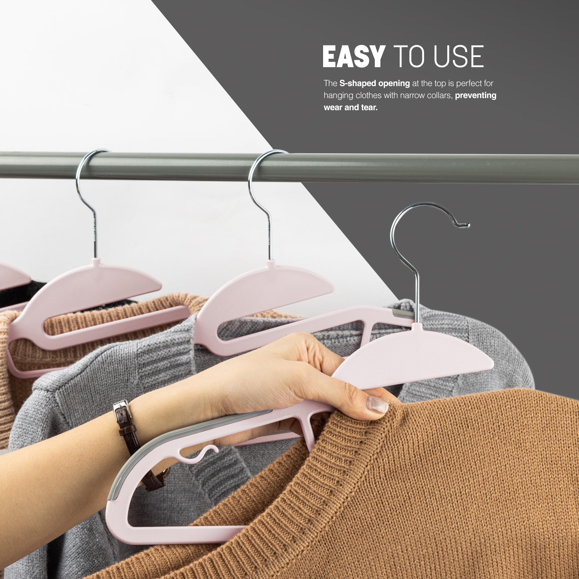 KEPLIN 50-Pack Non-Slip Hangers – Durable, Slimline Design for Space Saving with 360° Swivel, Tie Organiser, Strap Hooks, and S-Shape Opening - Blush