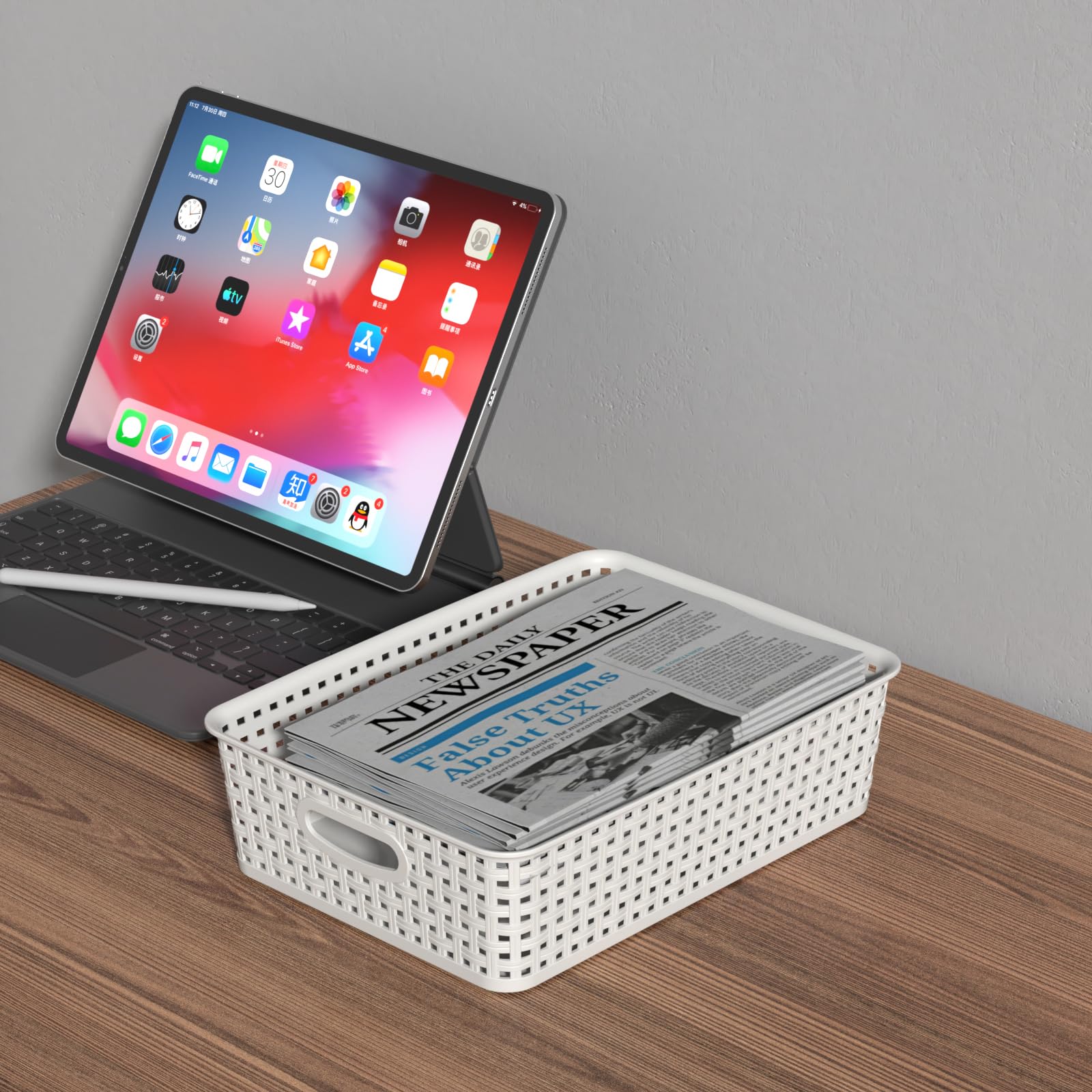 Sandmovie Woven Office Storage Baskets, A4 Plastic Basket Trays, White, Packs of 6
