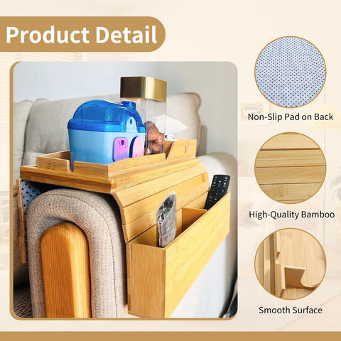 Sofa Arm Tray, cupeohome Foldable Anti-Slip Wooden Couch Armrest Tray with Side Storage Pocket and Phone Holder, Square Sofa Armrest Table for Drinks