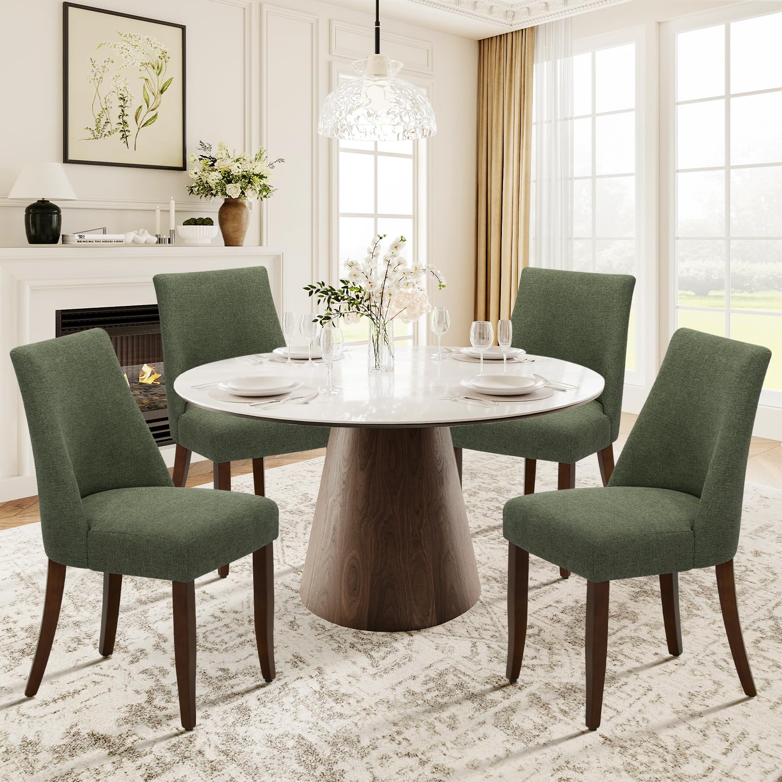COLAMY Upholstered Dining Chairs Set of 4, Linen Fabric Parsons Dining Room Chairs with Curved Backrest, Solid Rubber Wood Legs