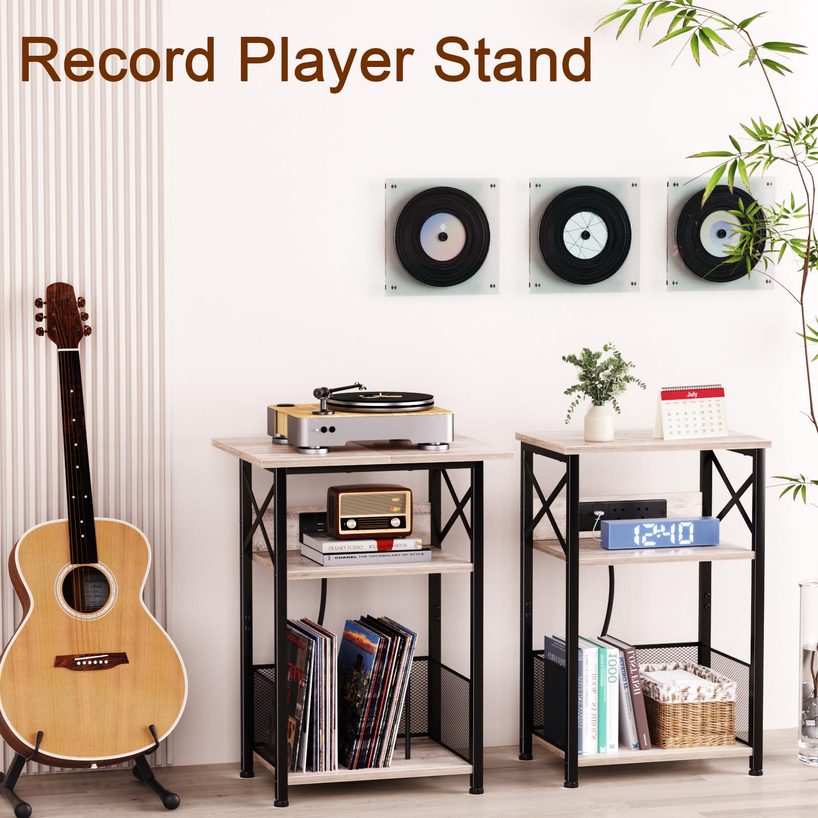 AMHANCIBLE Record Player Stand with Charging Station, Vinyl Record Storage