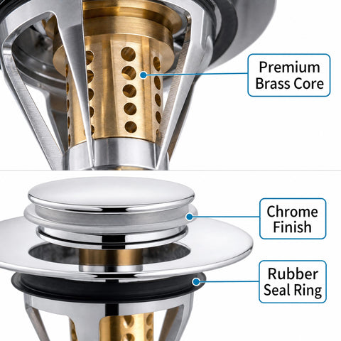 Boyfiled Sink Plug Replacement, Brass Bath Basin Plug Filter with Basket Hair, 34-38mm Universal Pop Up Basin Stopper for Bathroom