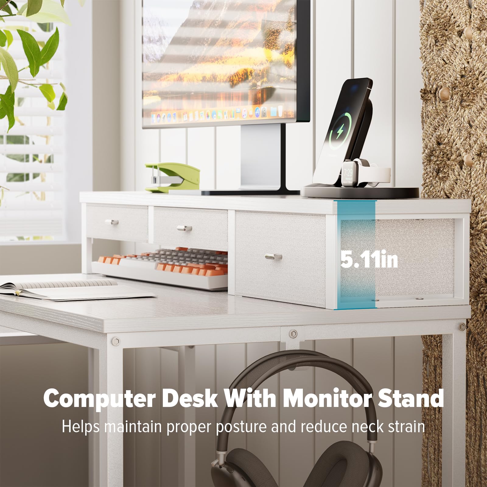 WOHOMO 120cm Computer Desk with 3 Drawers, Printer Shelf and Monitor Stand