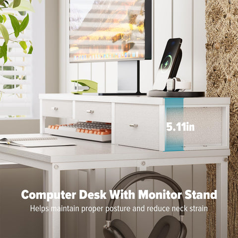 WOHOMO 120cm Computer Desk with 3 Drawers, Printer Shelf and Monitor Stand