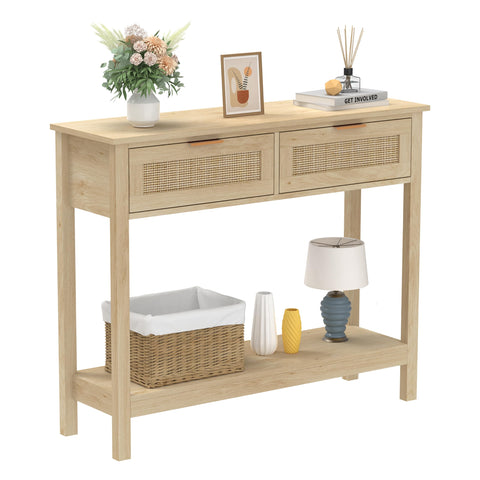 Trironsun Boho Rattan Console Table with 2 Drawers 2 Tier Entryway Table Farmhouse Wood Sofa Tables with Open Storage Shelf for Living Room Hallway
