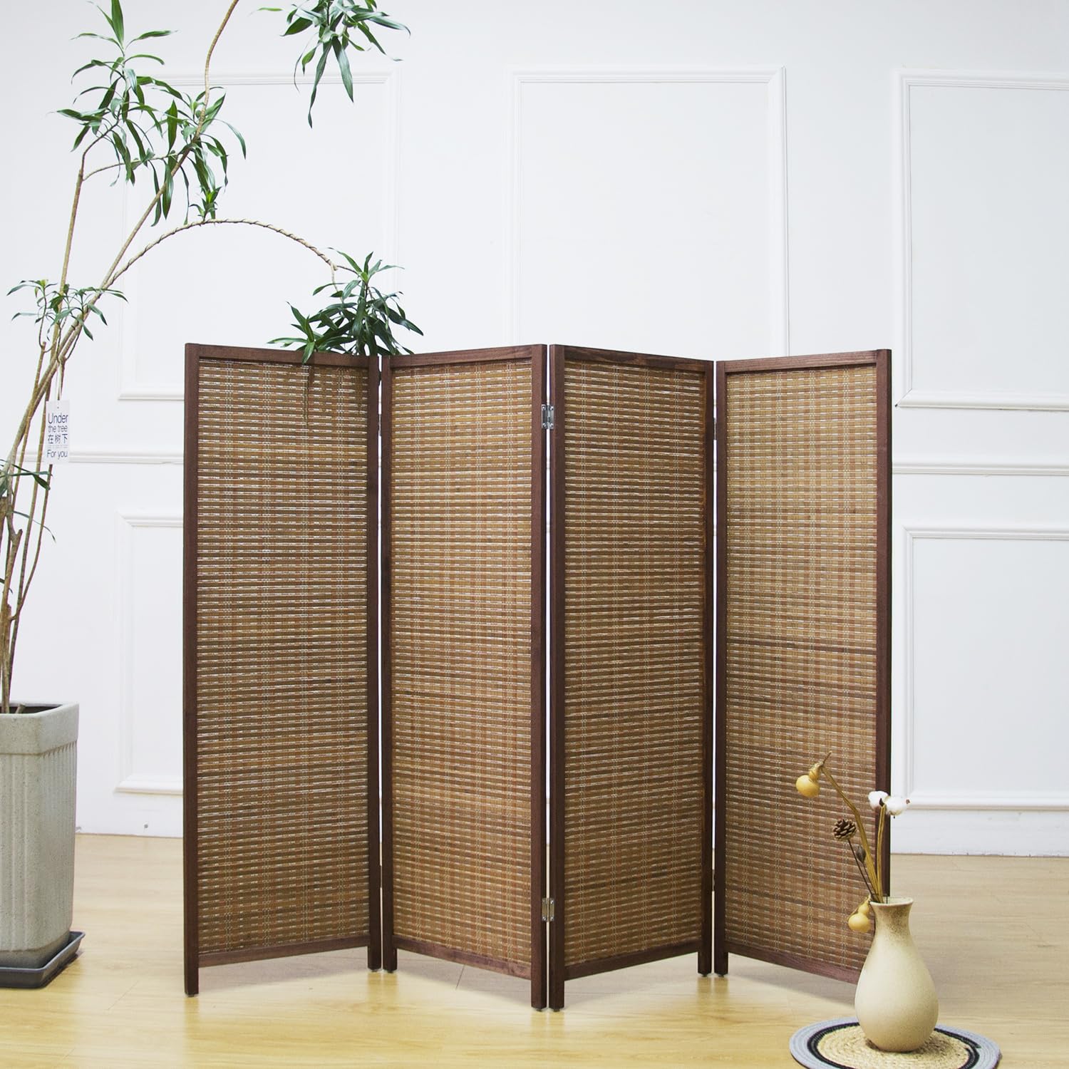 Furnnylane 4 Panel Bamboo Room Divider Short Folding Screen Divider,Double Sided Bamboo Divider Screen for Room Separation,Brown,120 cm H x 156 cm W