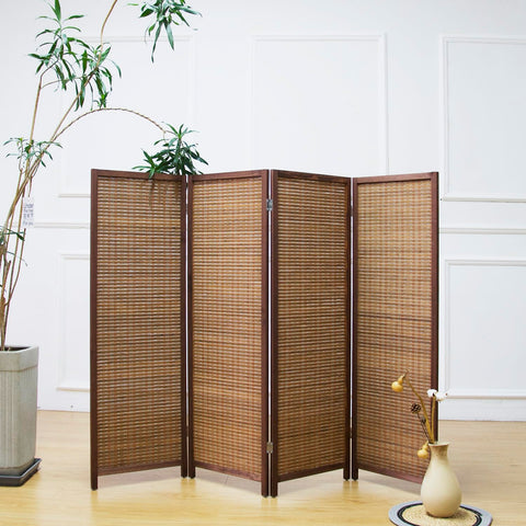 Furnnylane 4 Panel Bamboo Room Divider Short Folding Screen Divider,Double Sided Bamboo Divider Screen for Room Separation,Brown,120 cm H x 156 cm W
