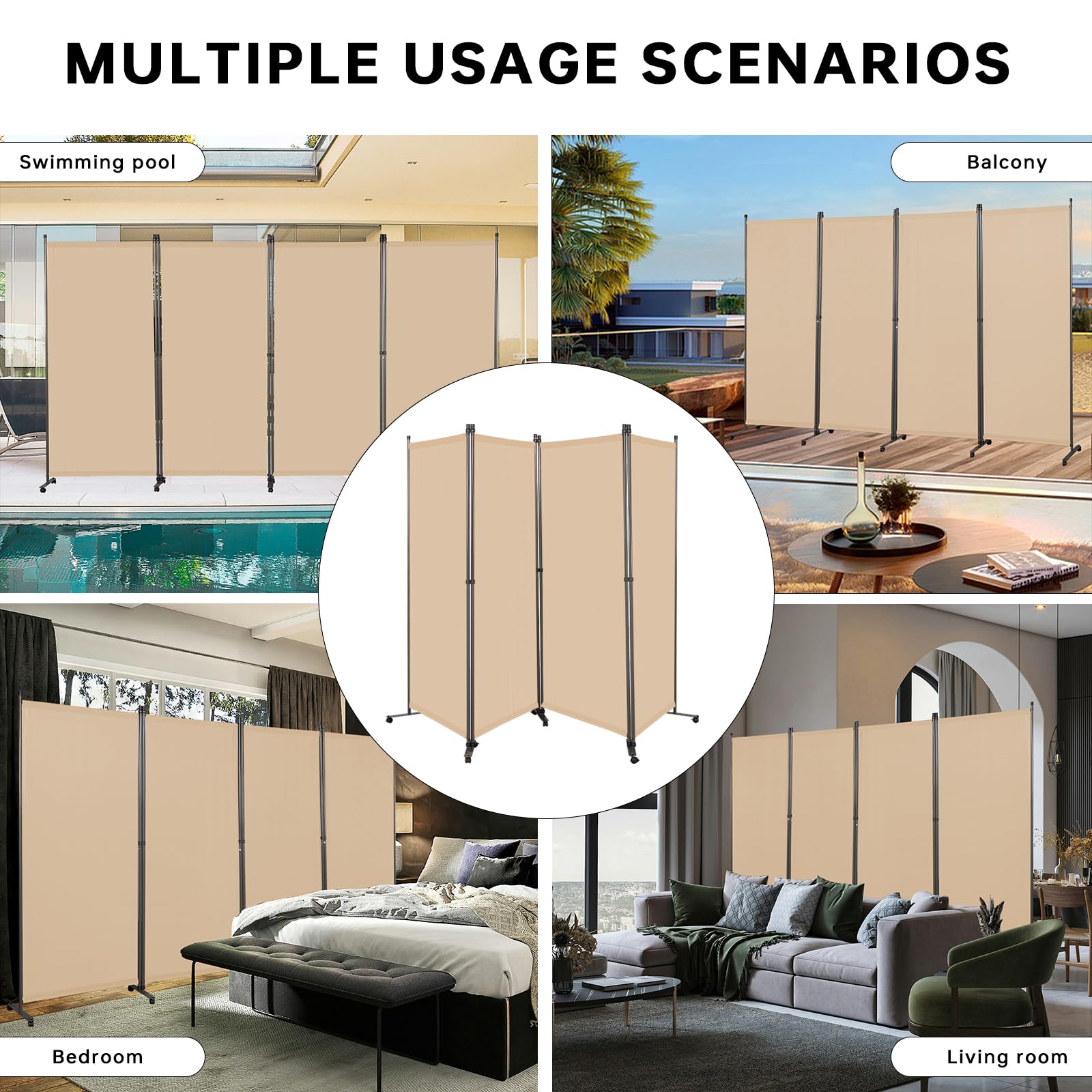 Angel Living 4 Panels Folding Room Divider, Privacy Screen Composed of Polyester Fabric and Sturdy Iron Frame