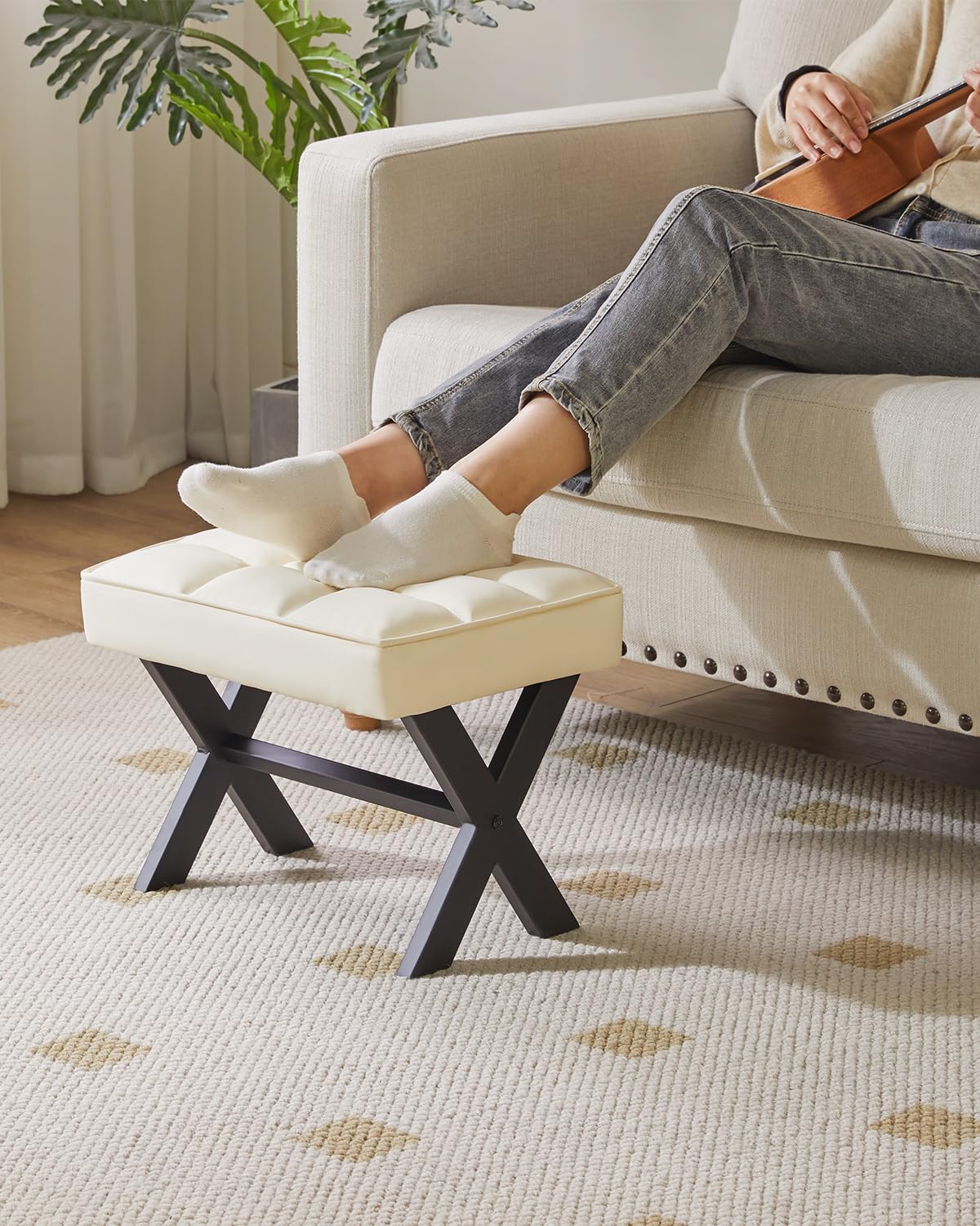 IBUYKE Small 12" H Footrest, Square PU Step Stool, White WBD012W