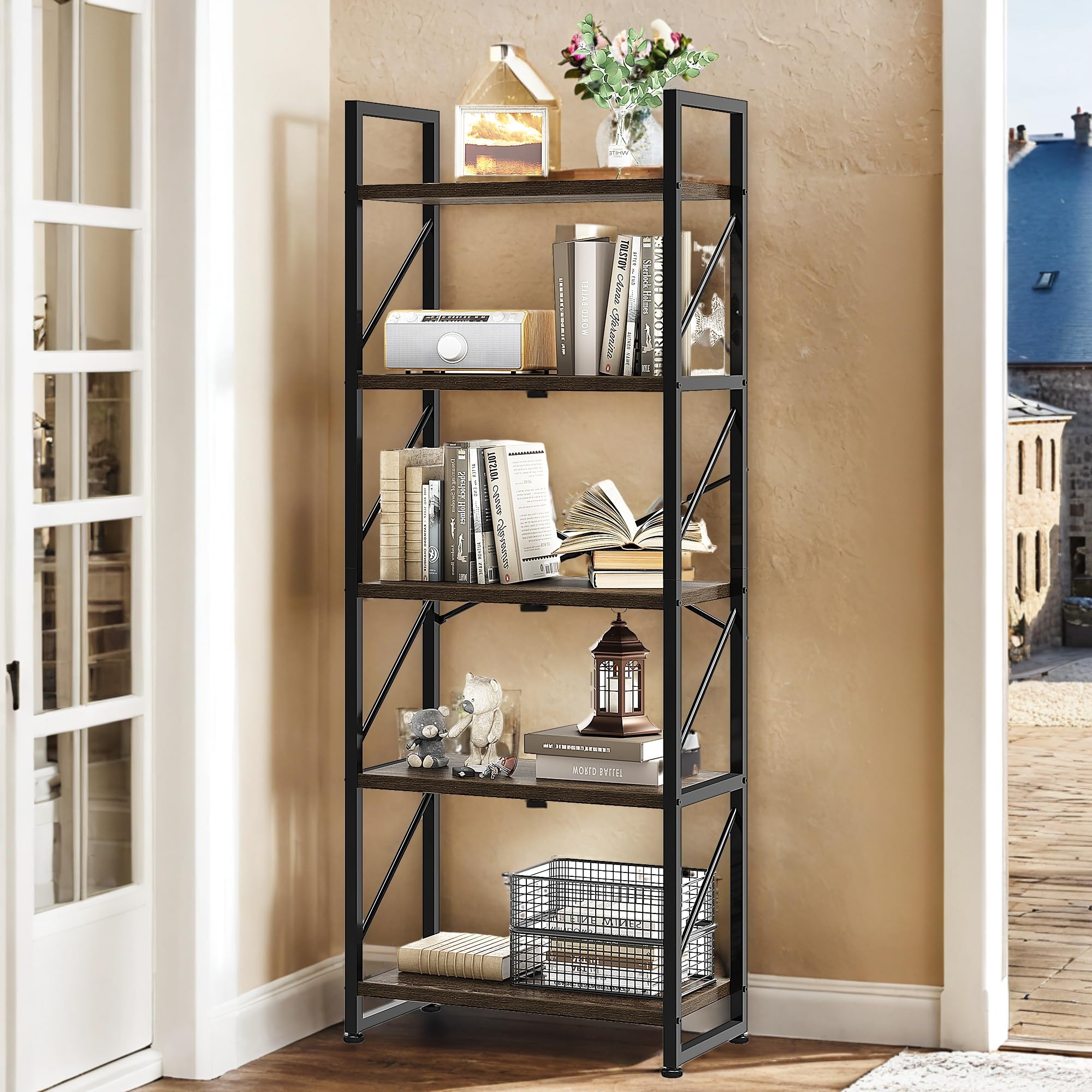 YITAHOME Bookshelf, 5 Tiers Bookcase Tall Book shelf with Metal Frame, Industrial Display Storage Rack