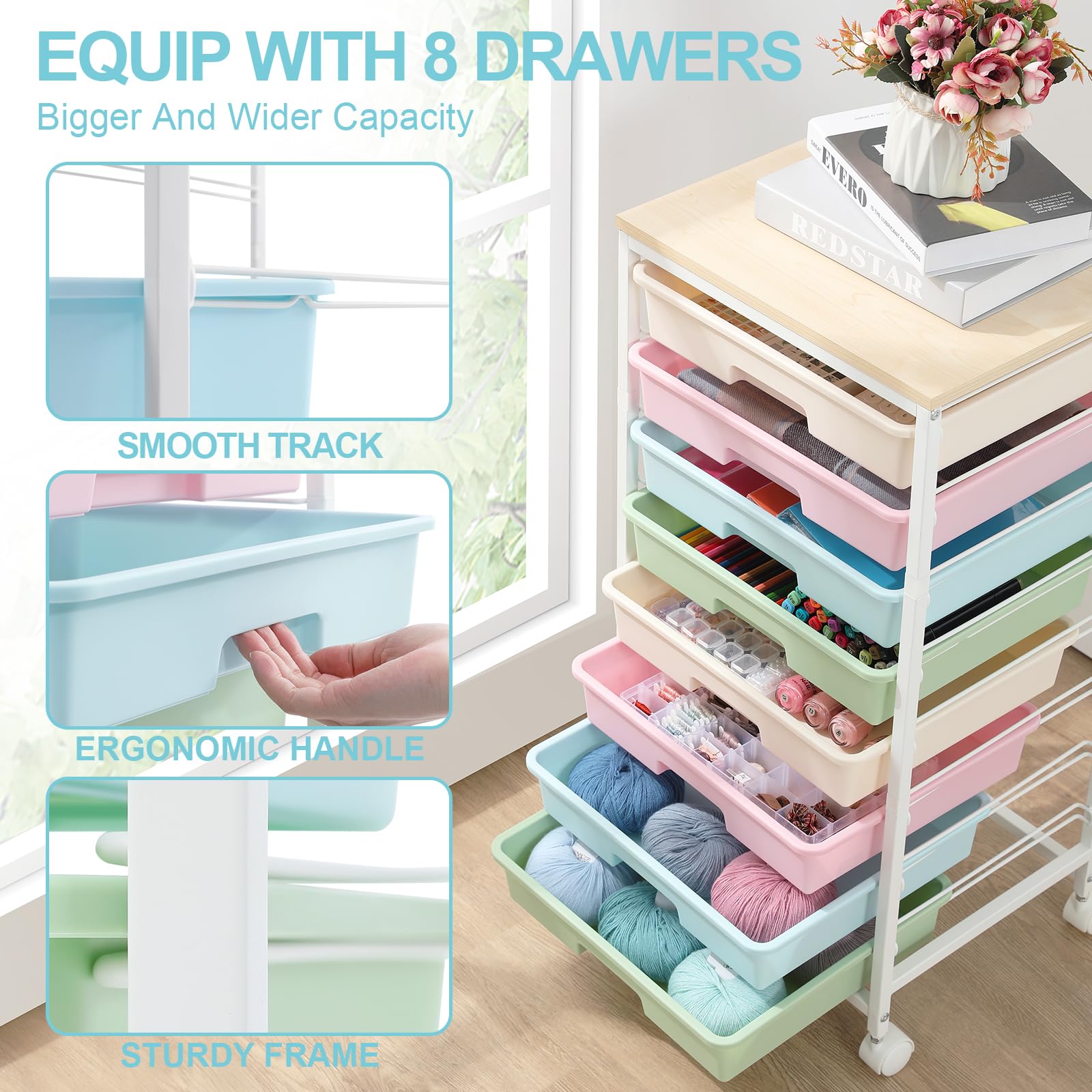 SYKIARIOL 8-Drawer Storage Trolley Rolling Cart with Lockable Wheels