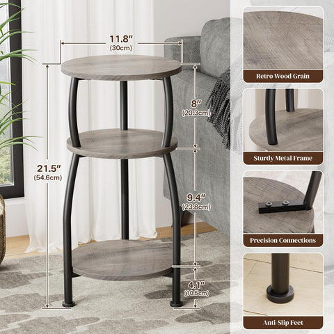 Yuede Round Side Table, 3 Tier Slim Round Coffee Table, Small End Table with Storage Shelf, Bedside Table, for Living Room, Bedroom, Small Space