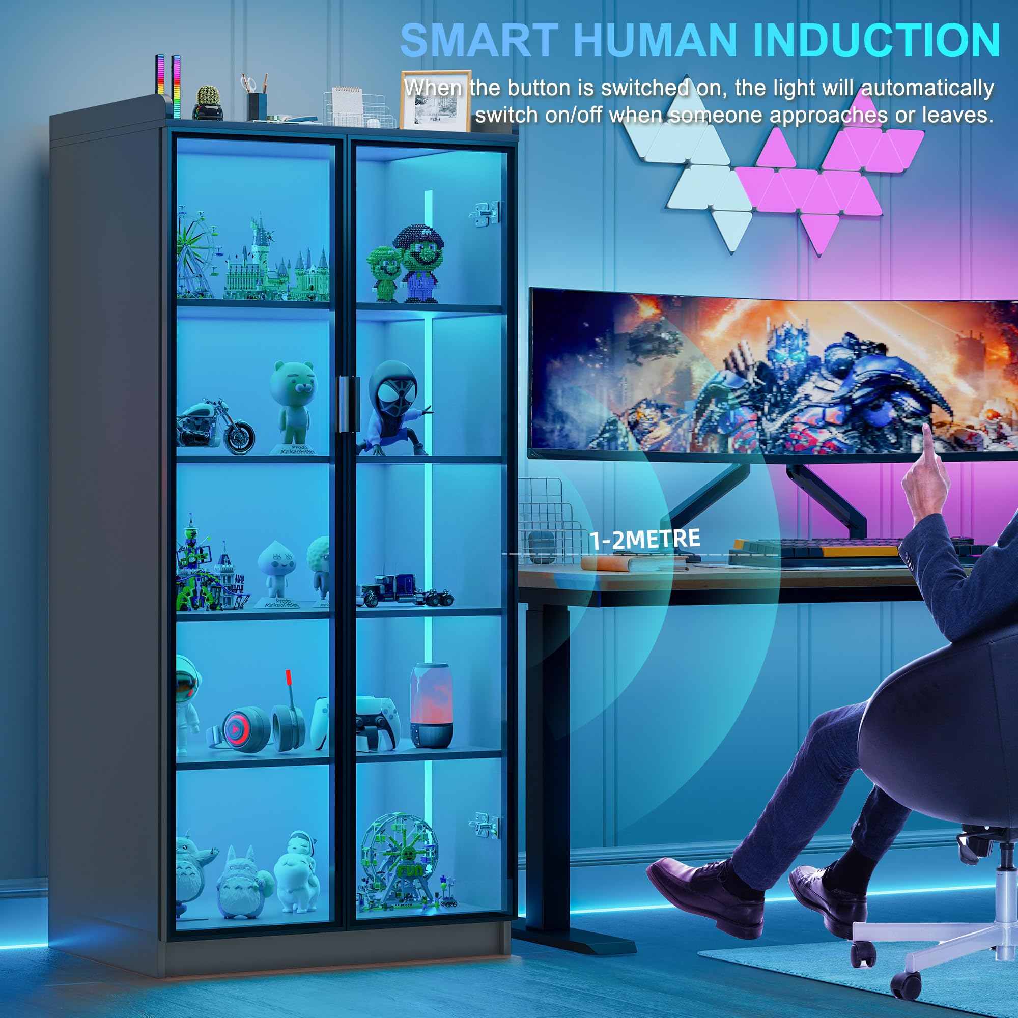Lvifur 5-Tier Display Cabinets with LED Lights and Human Body Sensor,Grey