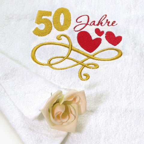 Gift Towel for 50th Birthday with Embroidered Hearts and 50 Years for Women and Ladies - 50th Anniversary Gift Idea