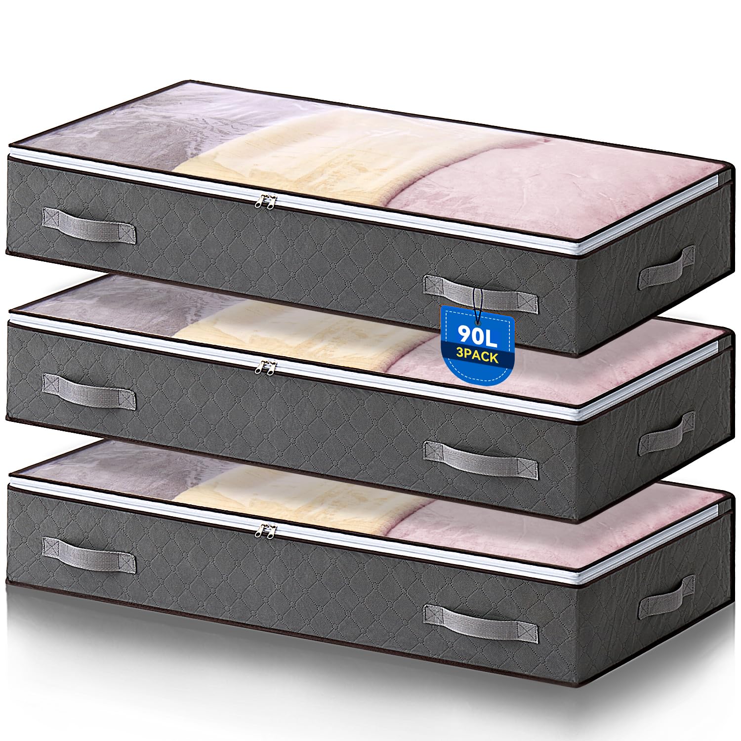 Boic 3 Pack Underbed Storage, 90L Underbed Storage Bags, Under Bed Storage Box With Lid With Zips Bags With Handle For Clothes Quilts Blankets Beddin