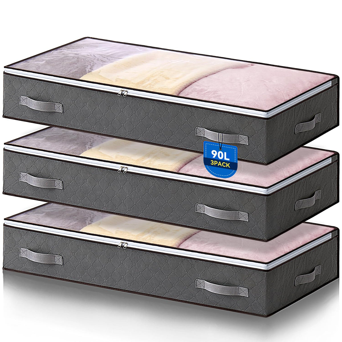 Boic 3 Pack Underbed Storage, 90L Underbed Storage Bags, Under Bed Storage Box With Lid With Zips Bags With Handle For Clothes Quilts Blankets Beddin