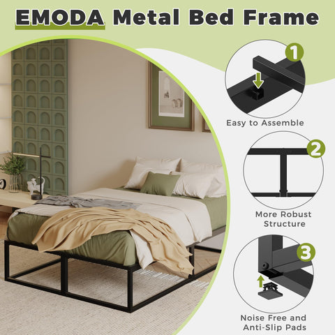 EMODA Small Double Bed Frame 36cm High with Steel Slats Support, Black