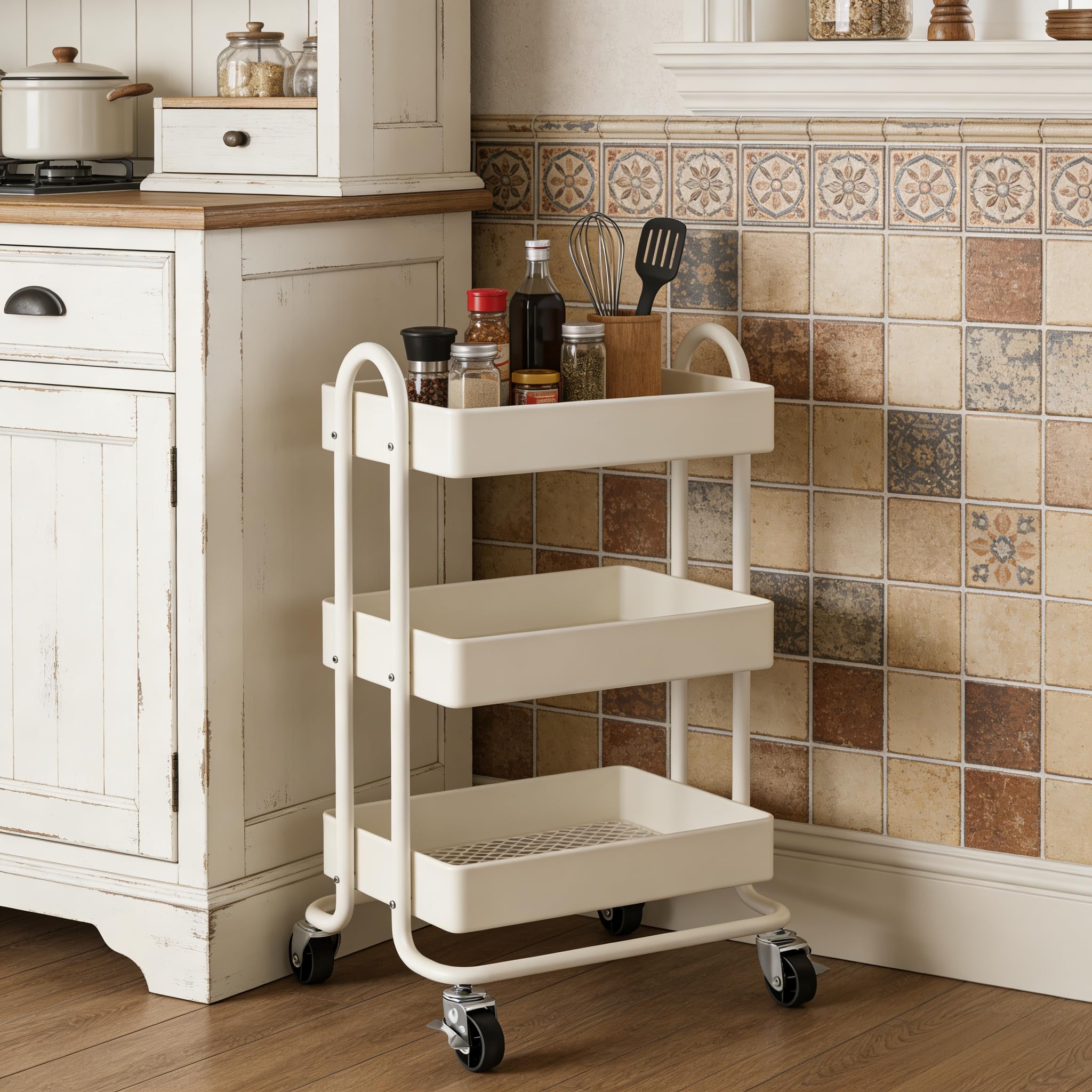 Mordchil EU 3 Tier Metal Utility Cart with Lockable Wheels for Storage, Rolling Utility Trolley Storage Cart for Home & Office, Cream