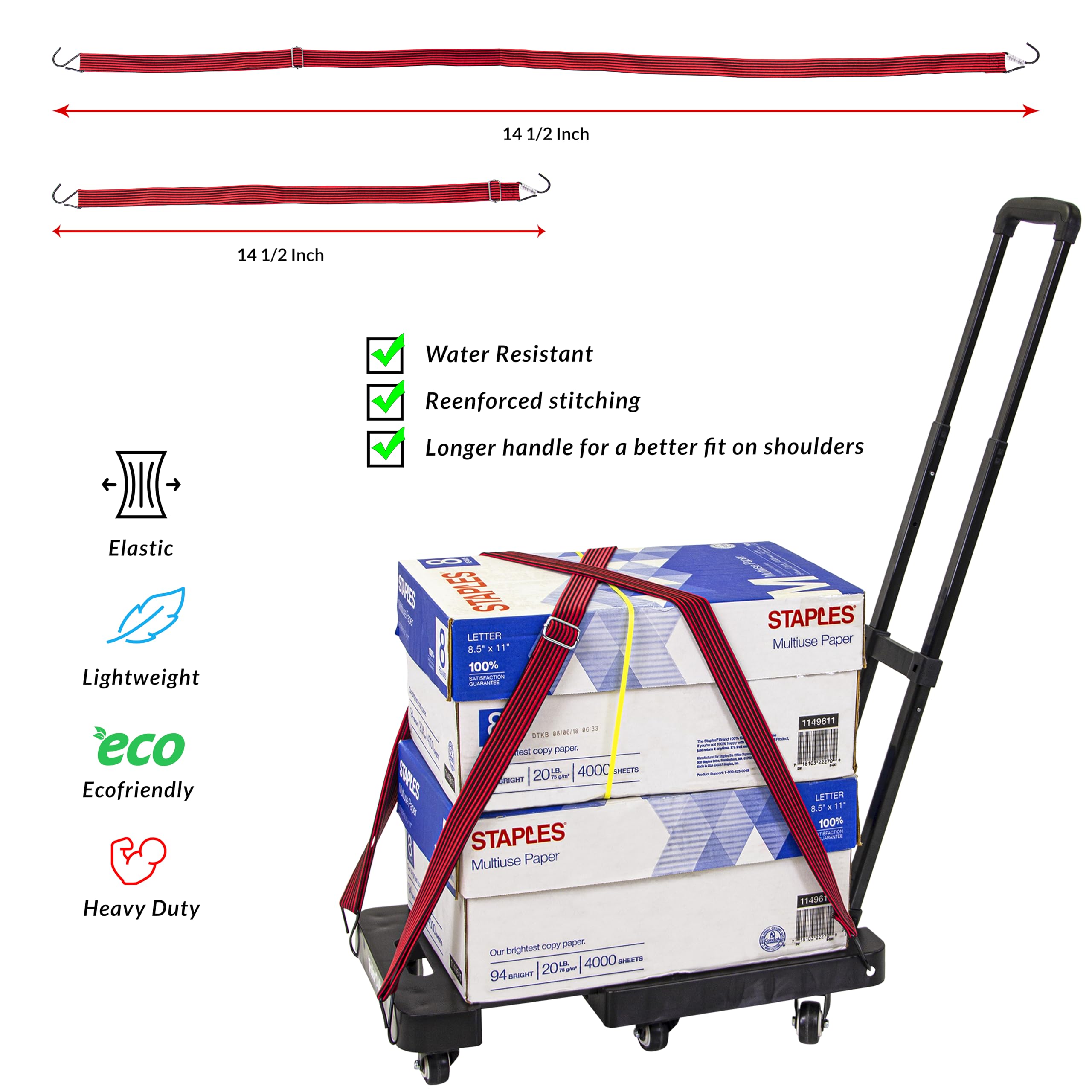 dbest products Trolley Dolly High-Tension Power Adjustable 63' Flat Bungee Cord 4 pack with Hooks and Buckle Heavy Duty Elastic Strap Max Stretch Tie