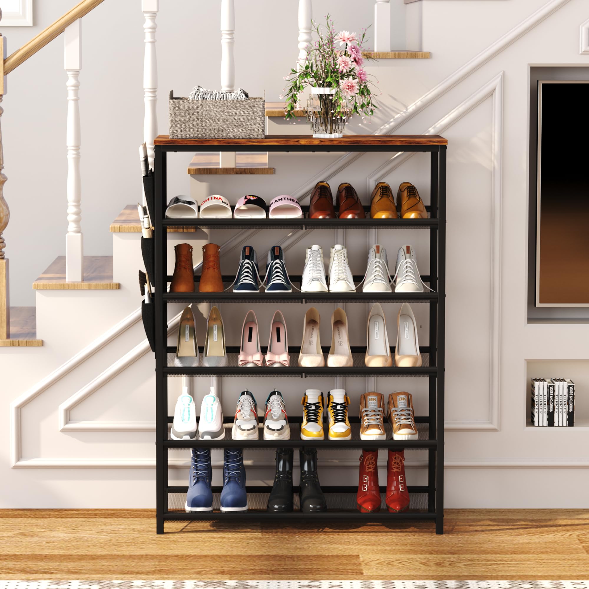 HOME BI 6-Tier Shoe Rack, Shoe Storage Organizer with Adjustable Mesh Shelves and Side Hanging Pockets, Shoe Stand Shelf for Entryway Hallway