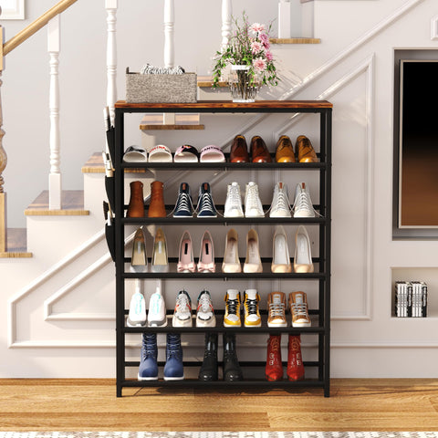 HOME BI 6-Tier Shoe Rack, Shoe Storage Organizer with Adjustable Mesh Shelves and Side Hanging Pockets, Shoe Stand Shelf for Entryway Hallway