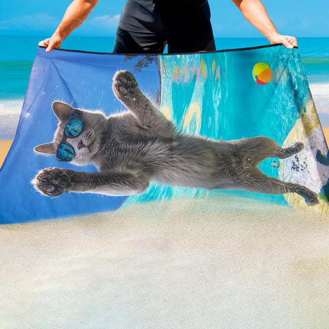 Violetpos Day Surfing Grey Cat with Sunglasses Beach Towel, Extra Large 180x90 cm 250GSM Microfibre, Sand Free Quick Dry