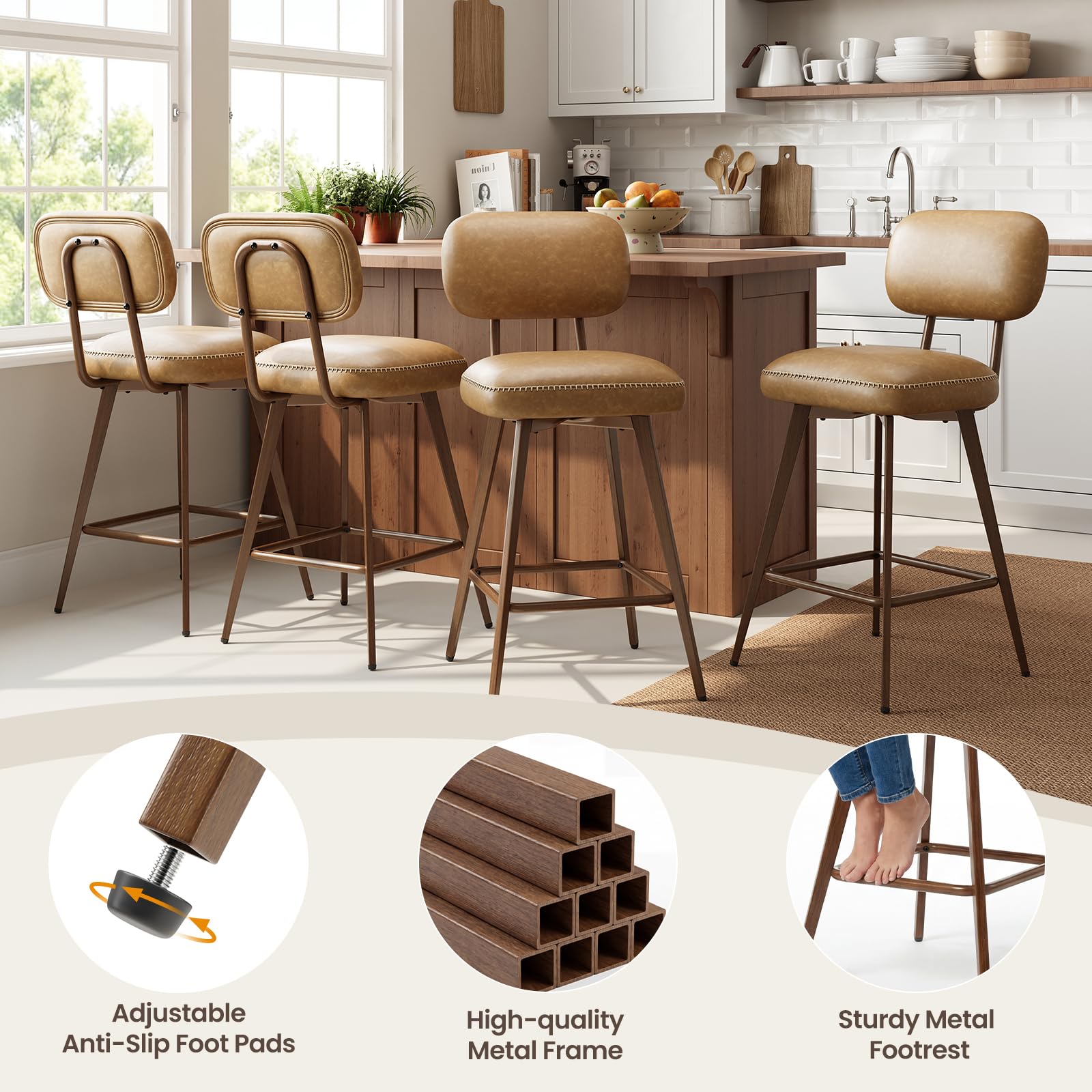 MALOL PU Leather Breakfast Bar Stools Set of 4, Swivel Kitchen Bar Chairs with Backrest and Metal Legs