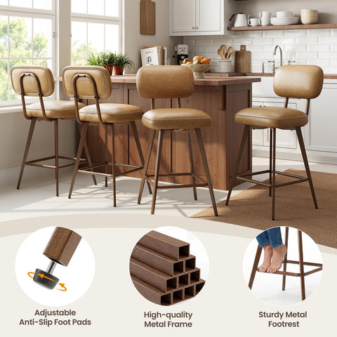 MALOL PU Leather Breakfast Bar Stools Set of 6, Swivel Kitchen Bar Chairs with Backrest and Metal Legs
