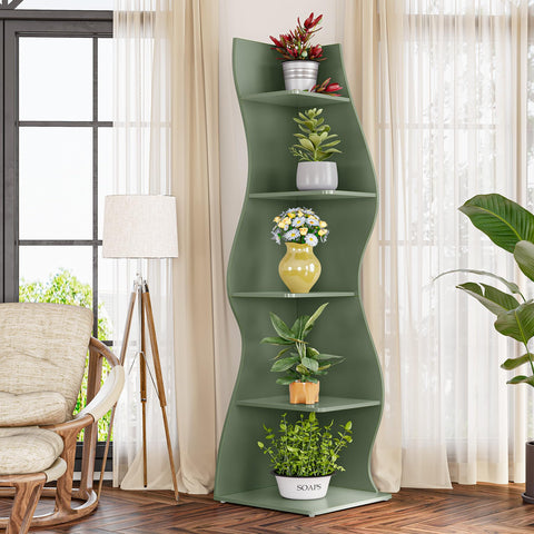 LITTLE TREE Small Corner Shelf, Modern 5-Tier Wall Corner Bookshelf, Stylish Bookcase Storage Rack for Small Space, Living Room, Bedroom Green