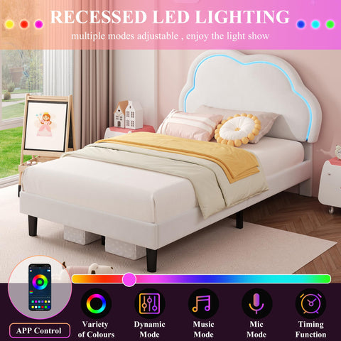 Ball & Cast 3ft Single Upholstered Bed with LED Adjustable Cute Cloud Headboard, Soft Velvet Bed Frame with Solid Wood Slat, No Box Spring Needed