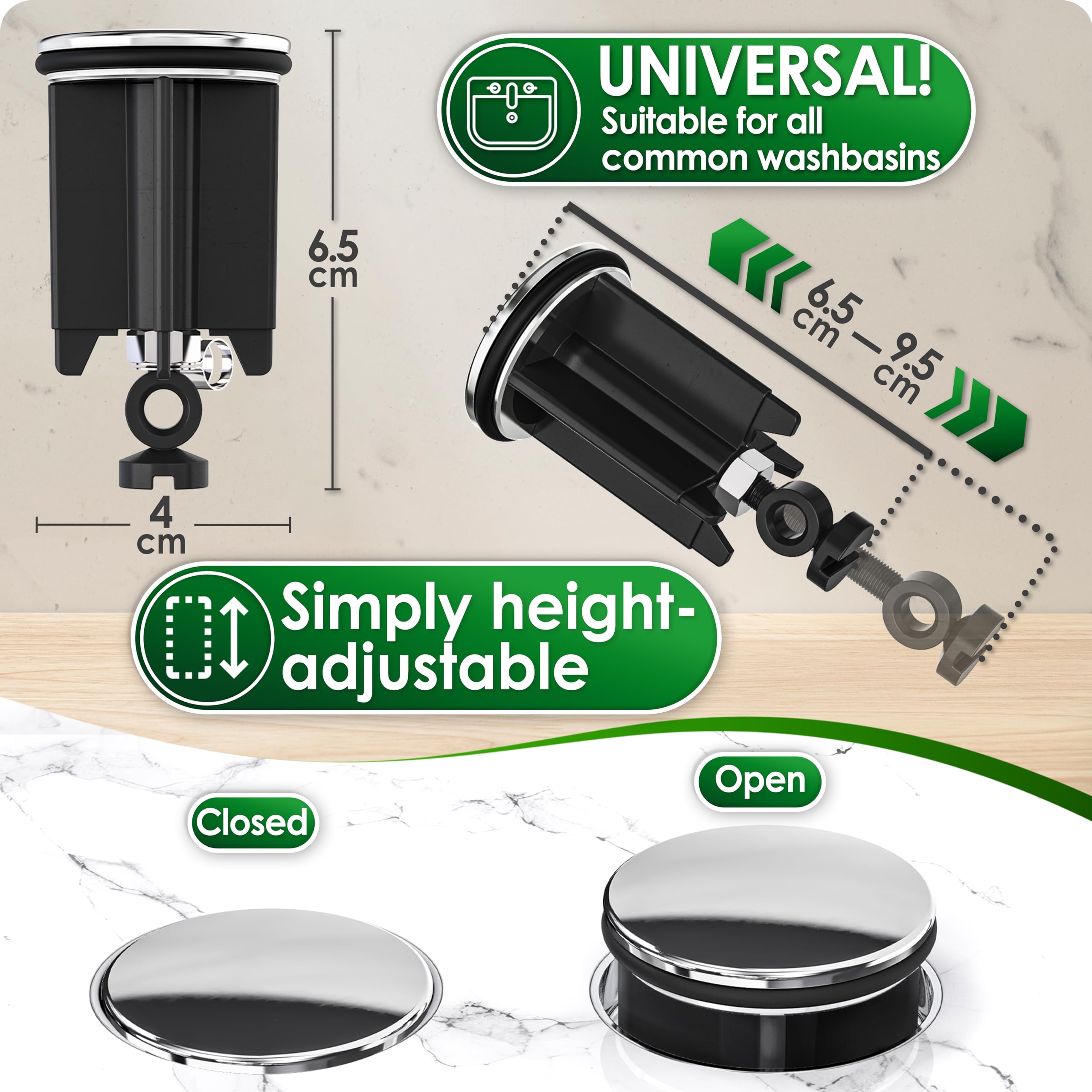 Kitchen Helpis® Quality Drain Plug, ⌀ 40 mm (2 pc black), height adjustable