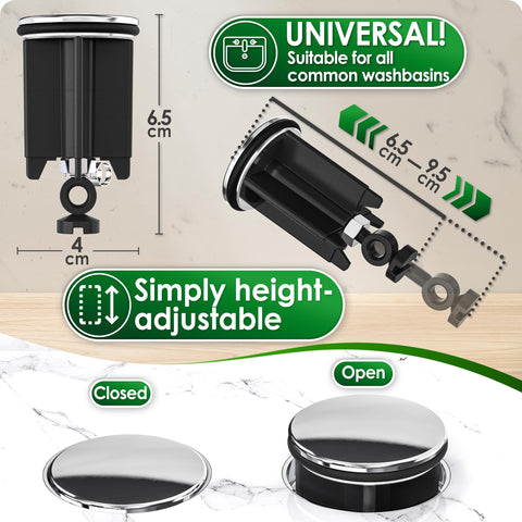 Kitchen Helpis® Quality Drain Plug, ⌀ 40 mm (2 pc black), height adjustable