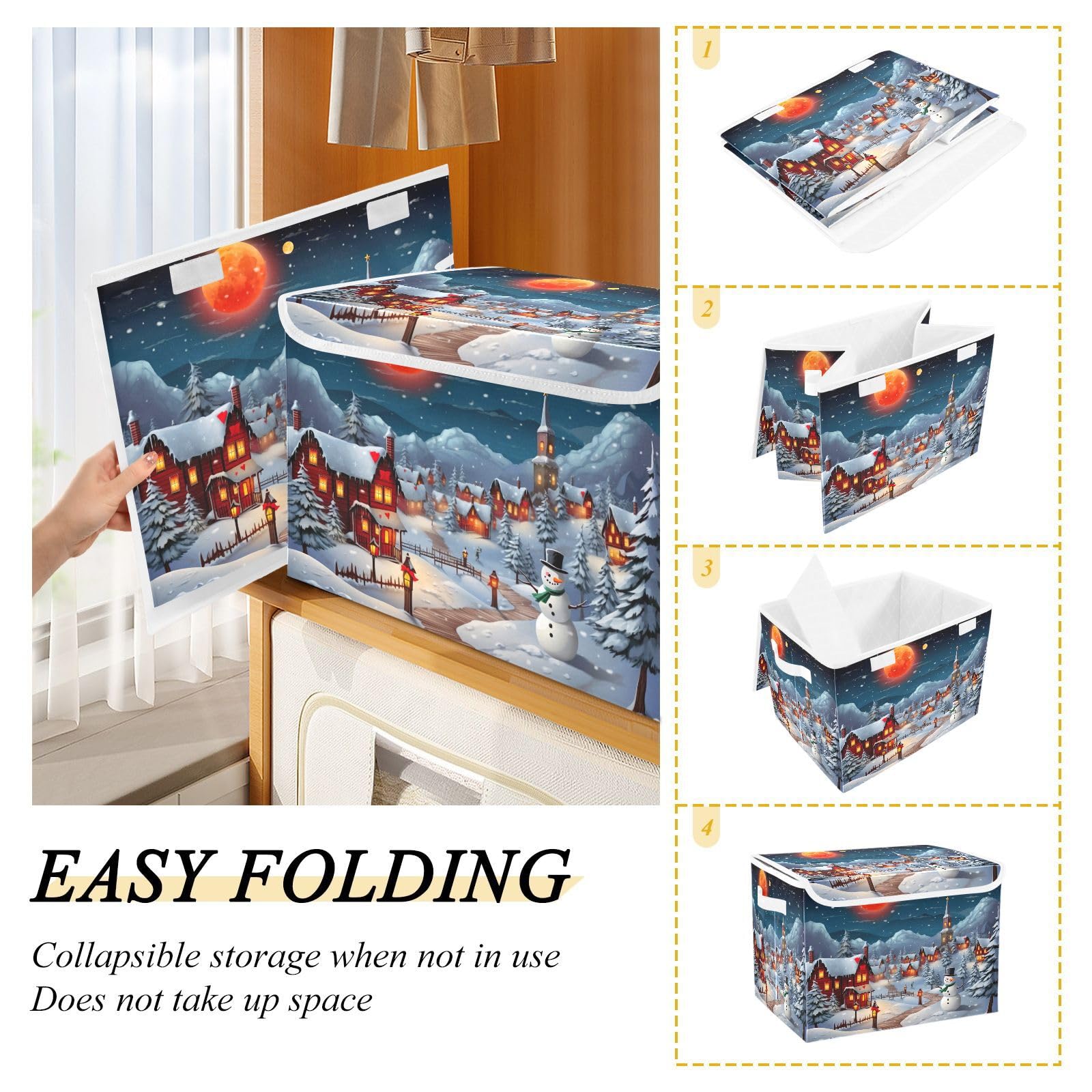 JUMBEAR Christmas Eve Collapsible Storage Bins With Lids,Foldable Fabric Storage Boxes,Storage Basket Closet Bin for Christmas Decorations