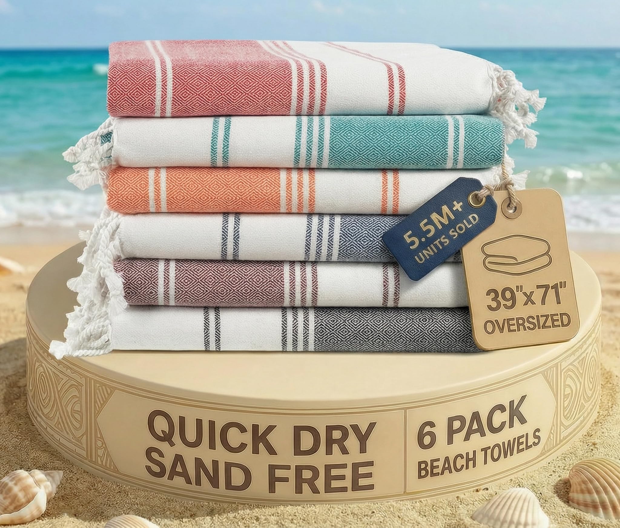 LANE LINEN Beach Towels 6 Pack, Cotton Rich Oversized Towel, Pre-Washed, Stylish Pool Towels For Adults, Quick Dry