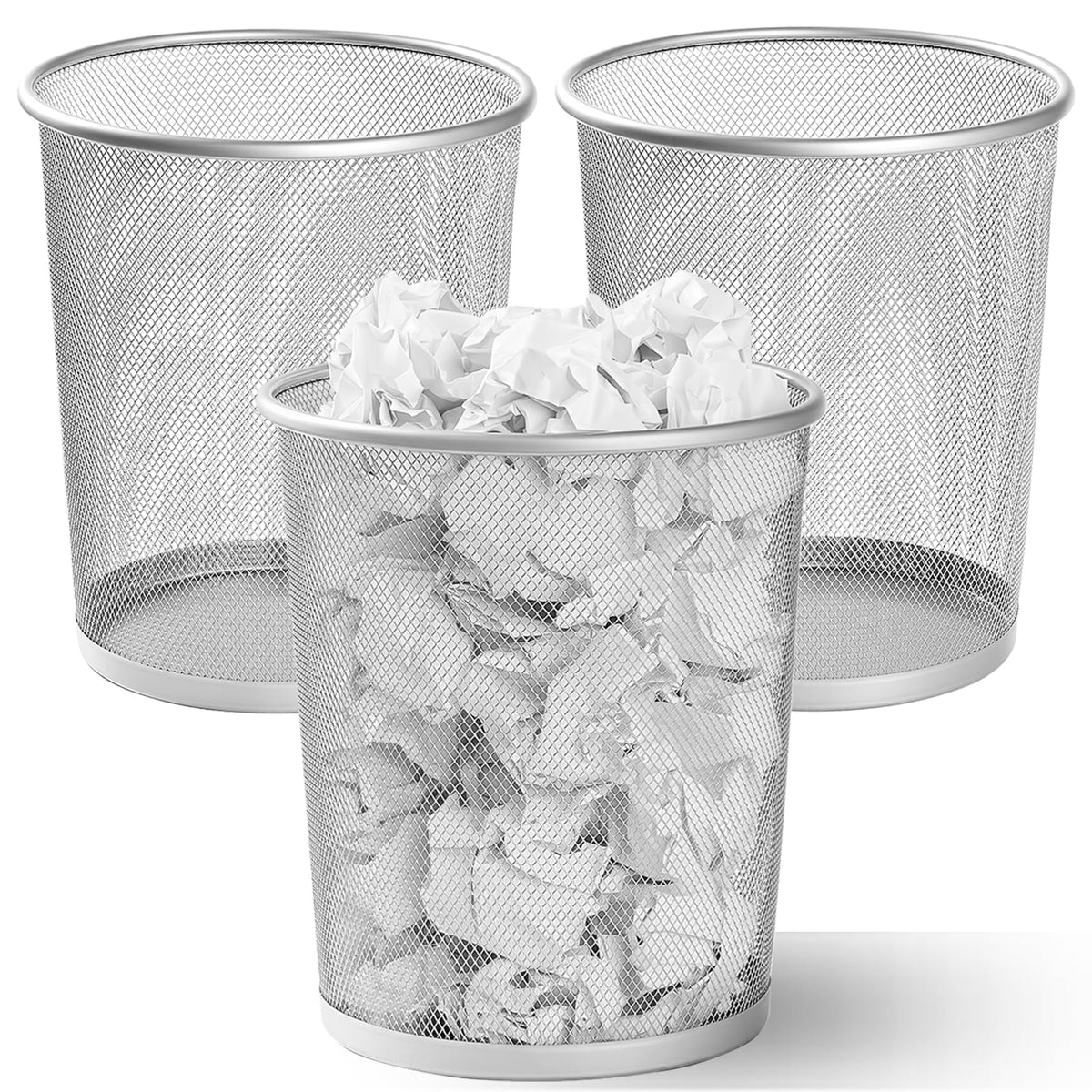 Evadow 3 Pack Mesh Waste Paper Bin 12 Litres, Silver Metal Wire Waste Basket Lightweight Circular Trash Bin for Home Office Garbage Can Bin