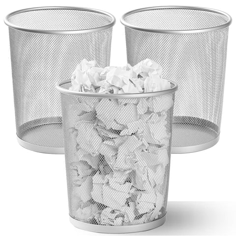 Evadow 3 Pack Mesh Waste Paper Bin 12 Litres, Silver Metal Wire Waste Basket Lightweight Circular Trash Bin for Home Office Garbage Can Bin