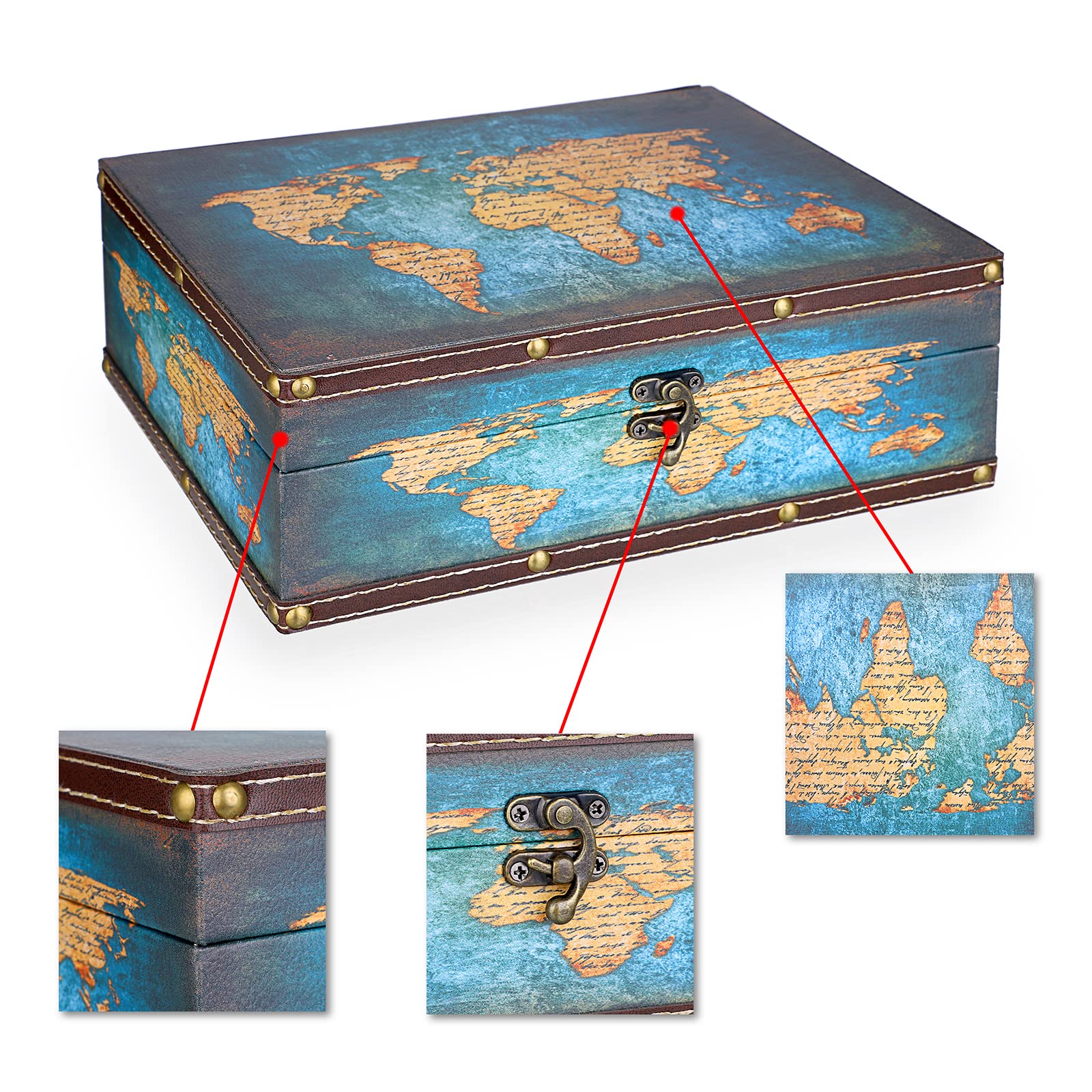 SUMNACON Vintage Treasure Storage Box with Latch 27.2*21.5*9.4cm, Green Map