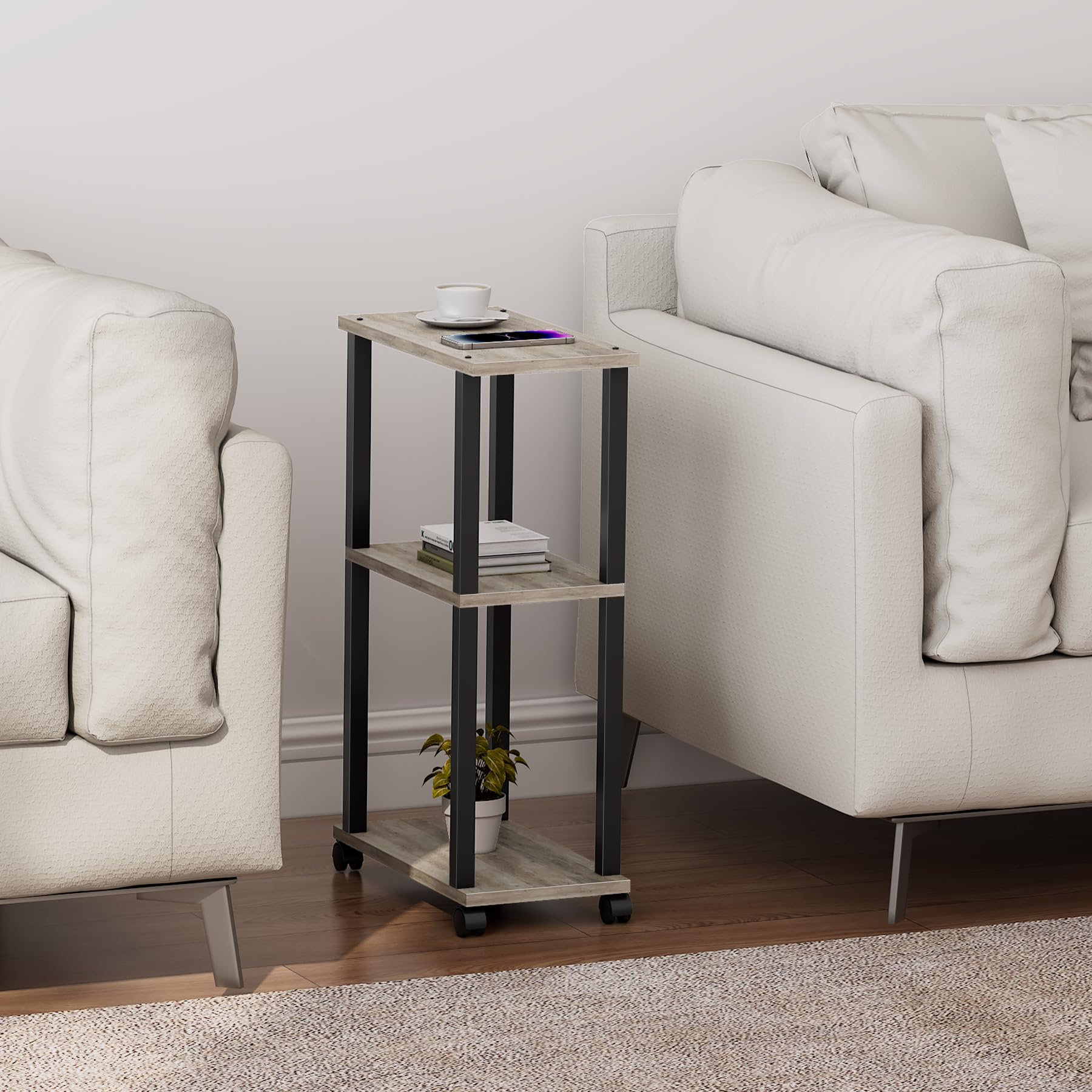 TUTOTAK Small Side Table, Narrow End Table, Bedside Table, Set of 2, Couch Side Table with Wheels for Living Room or Bedroom, Greige TB01BG0612EU