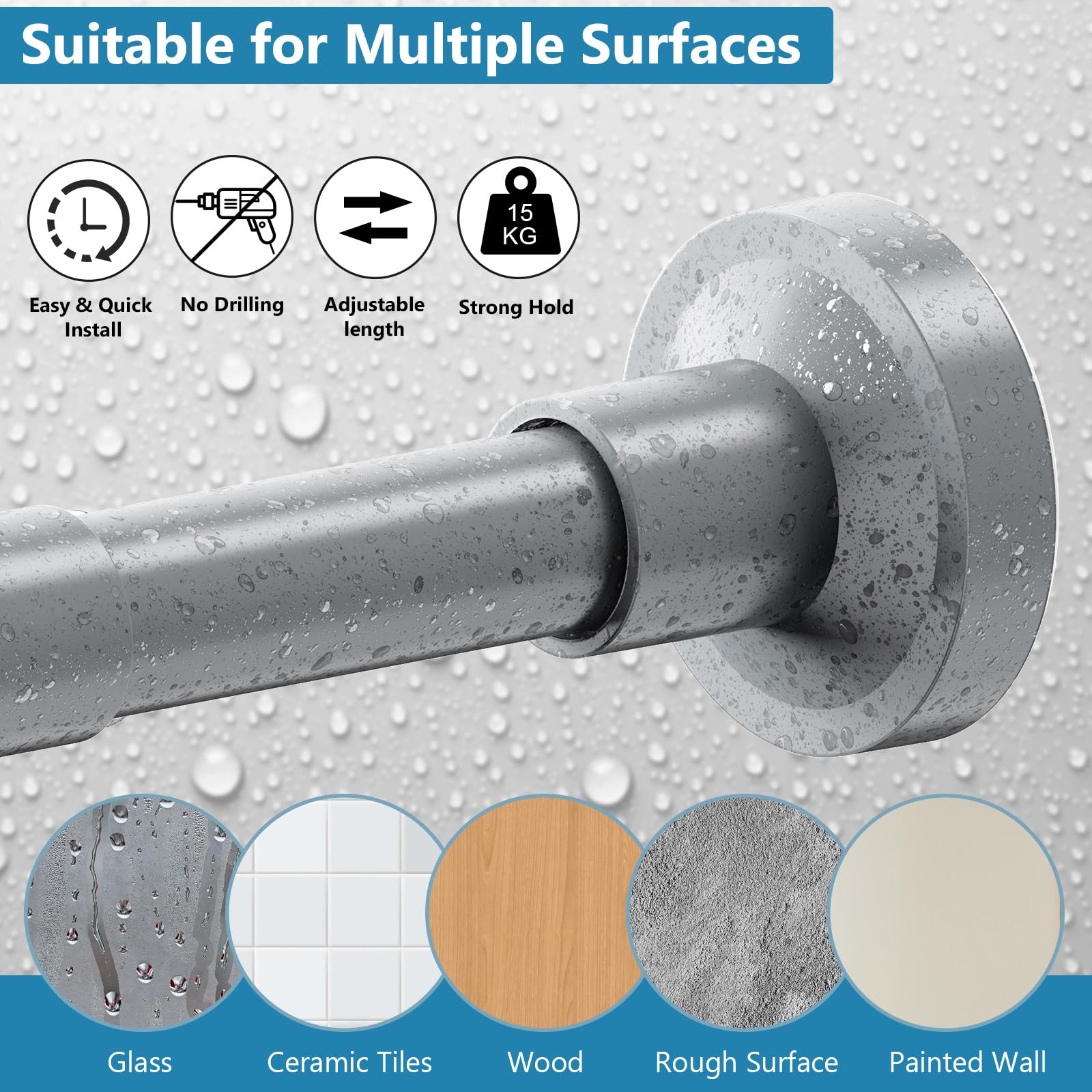WELDUN Extendable Shower Curtain Tension Rod, 48-82CM No Drill Telescopic Shower Curtain Rod, Adjustable Spring Rod for Window Bathroom, Bedroom, Gray