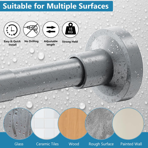 WELDUN Extendable Shower Curtain Tension Rod, 48-82CM No Drill Telescopic Shower Curtain Rod, Adjustable Spring Rod for Window Bathroom, Bedroom, Gray