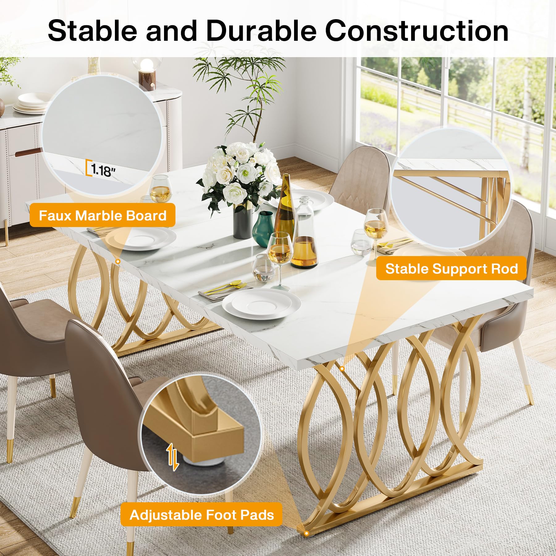 LITTLE TREE Modern Dining Table for 4-6 People, 63" Large Rectangular Kitchen Table with Faux Marble Tabletop and Geometric Legs