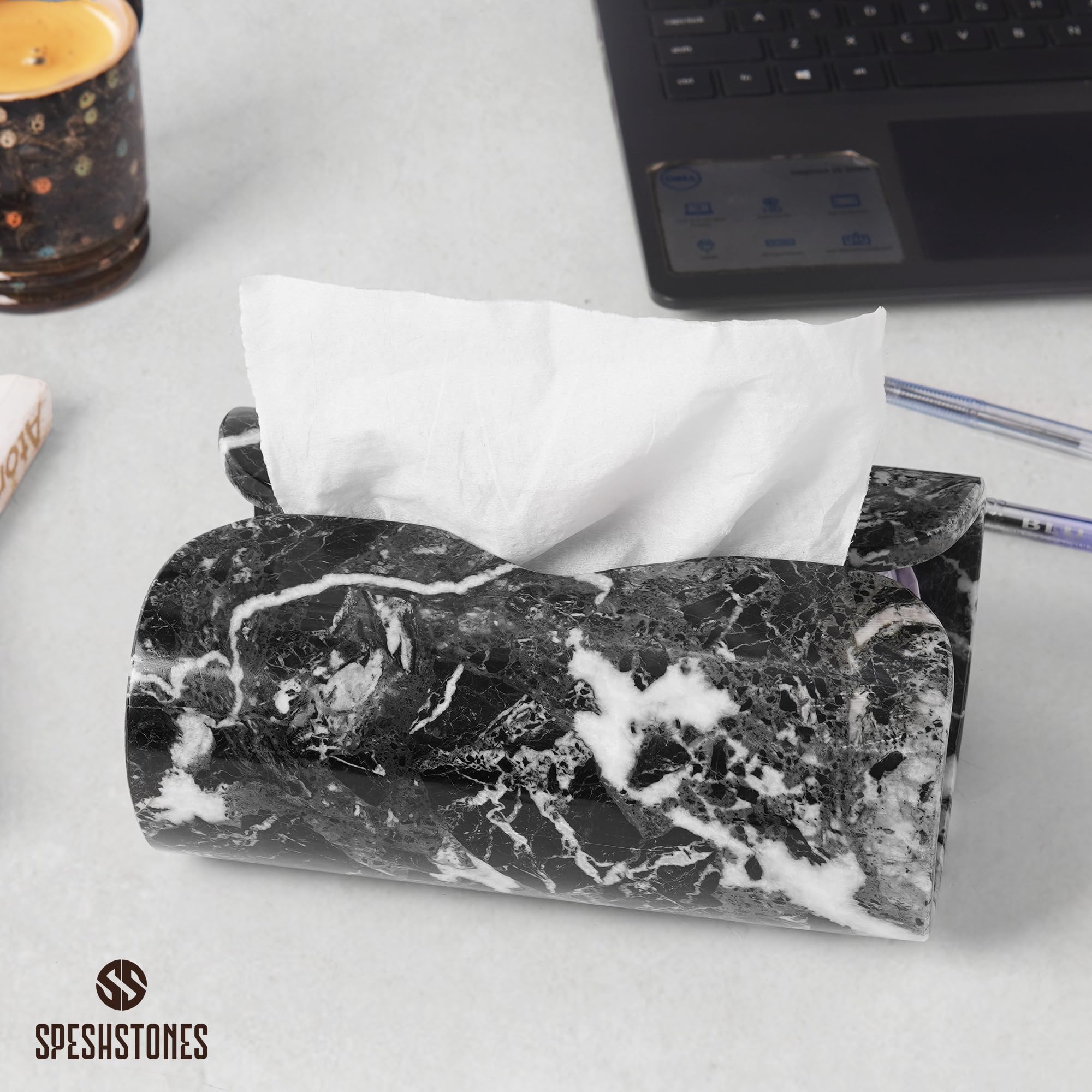 SPESHSTONES Marble Tissue Box Cover 7.5 Inch Rectangle Black Stone Holder for Facial Tissues and Paper Napkin