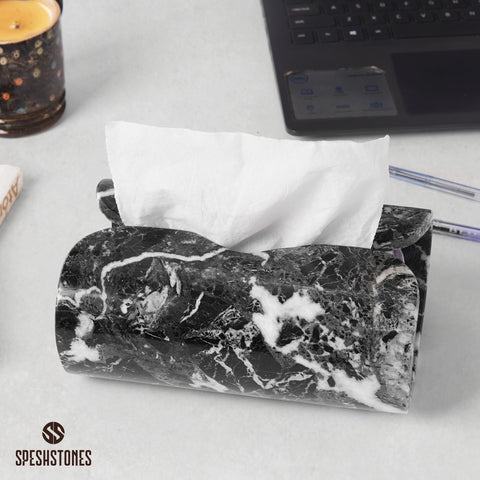 SPESHSTONES Marble Tissue Box Cover 7.5 Inch Rectangle Black Stone Holder for Facial Tissues and Paper Napkin