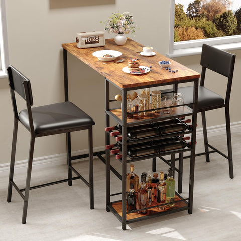 Techigher Bar Table Set, Dining Tables with 2 Upholstered Chairs, 3 Piece Counter Height Kitchen Table Set with 2-Tier Storage Shelves & 2 Wine Racks